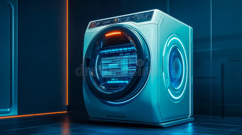Futuristic washing machine showing hologram interface in dark laundry room royalty free illustration