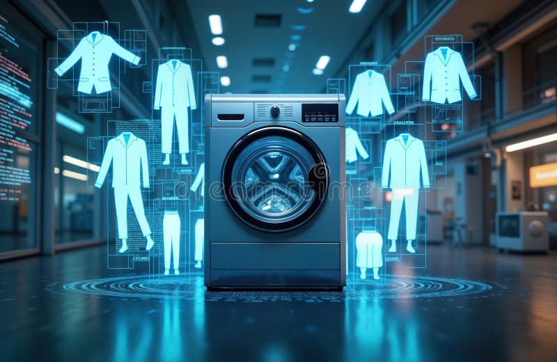 Futuristic washing machine surrounded by holographic images of clothes. Advanced tech appliance in digital scene. Laundry items stock illustration