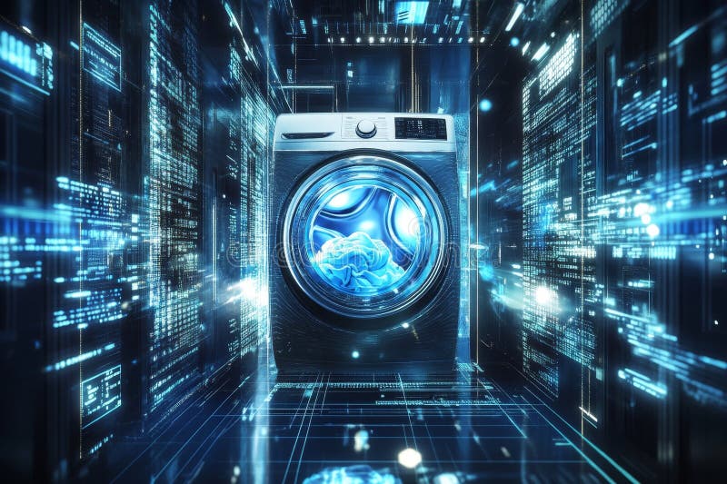 Futuristic washing machine surrounded by holographic laundry in a cyberpunk digital landscape stock illustration