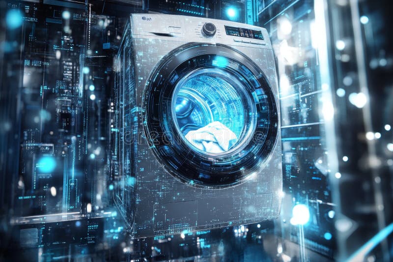 Futuristic washing machine surrounded by holographic laundry in a dynamic cyberpunk setting stock illustration