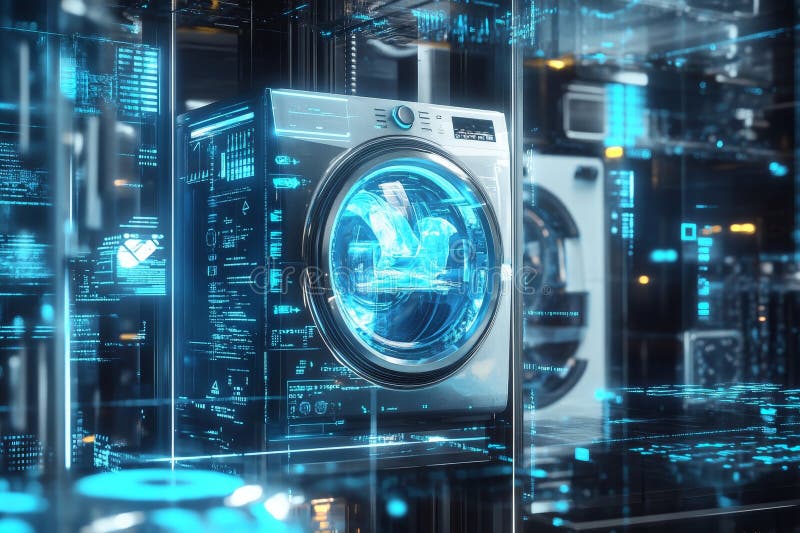 Futuristic washing machine surrounded by holographic laundry images in a cyberpunk digital scene vector illustration