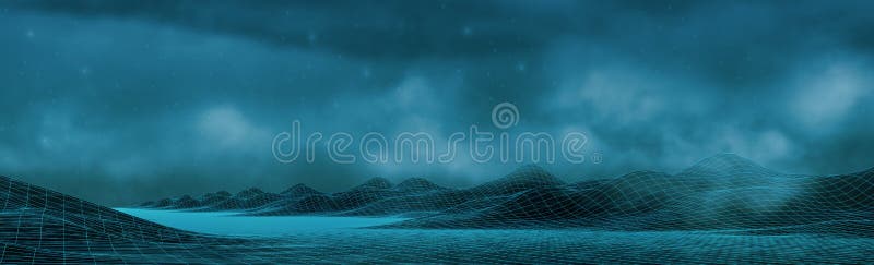 Futuristic wave,wireframe landscape mountain,sky cloud background,valley structure,Sci-Fi Neon light glow network grid connection royalty free illustration