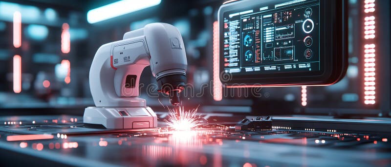 Futuristic welding machine showcases advanced technology and precision in a modern workspace stock images