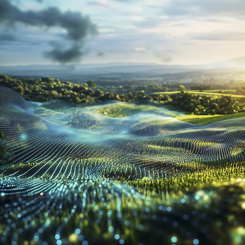 Futuristic Wheat Field with Glowing Networks Representing Sustainability royalty free stock image