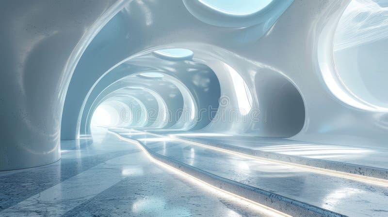 Futuristic White Architectural Design with Curved Structures and Illuminated Pathways vector illustration