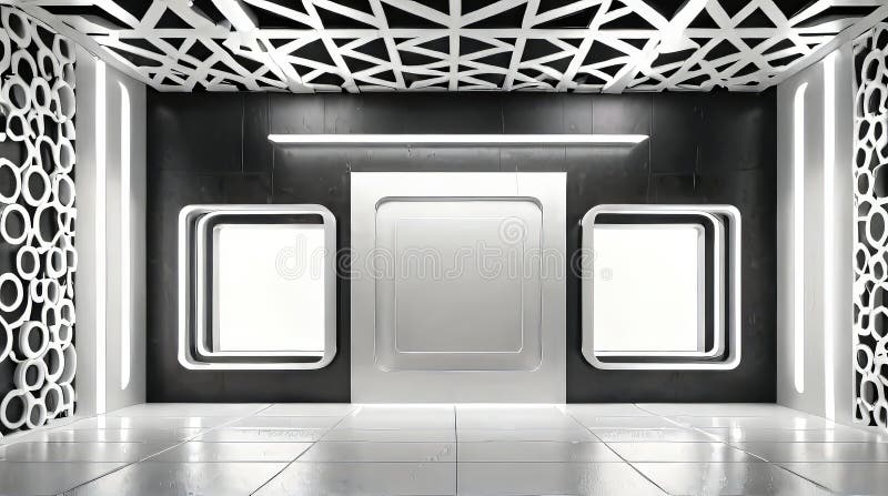 Futuristic White and Black Room with Geometric Lighting vector illustration