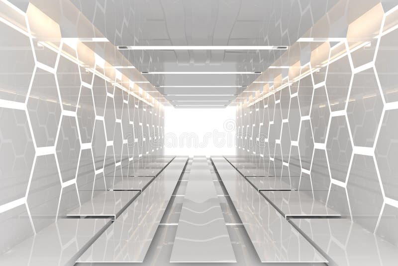 Futuristic white hexagon room