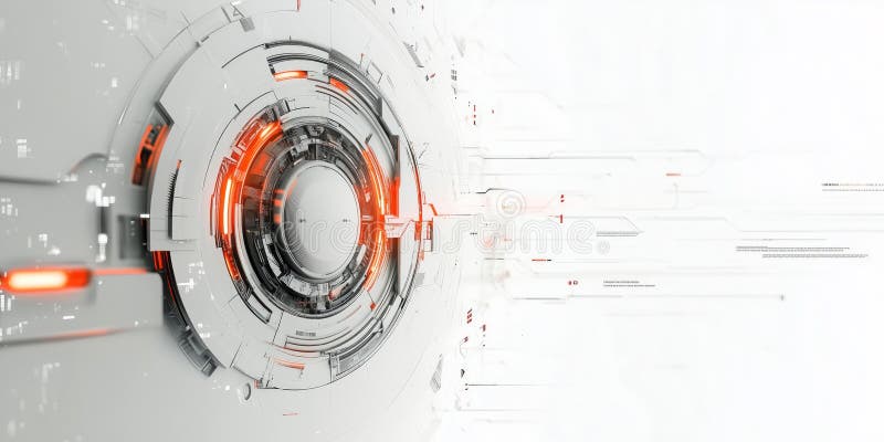 Futuristic white and red digital interface with circular HUD elements and intricate geometric patterns vector illustration