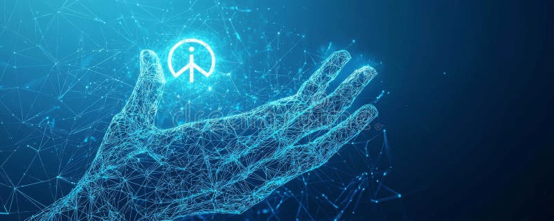 Futuristic wireframe hands interacting with digital technology and glowing icon royalty free stock images