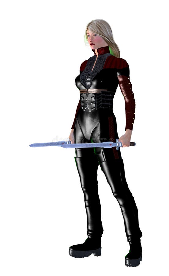 Futuristic woman soldier, armed with swords, 3d illustration stock illustration Futuristic woman soldier, armed with swords, 3d illustration stock illustration