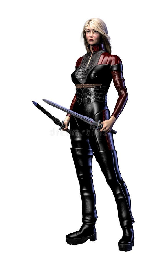 Futuristic woman soldier, armed with swords, 3d illustration stock illustration Futuristic woman soldier, armed with swords, 3d illustration stock illustration