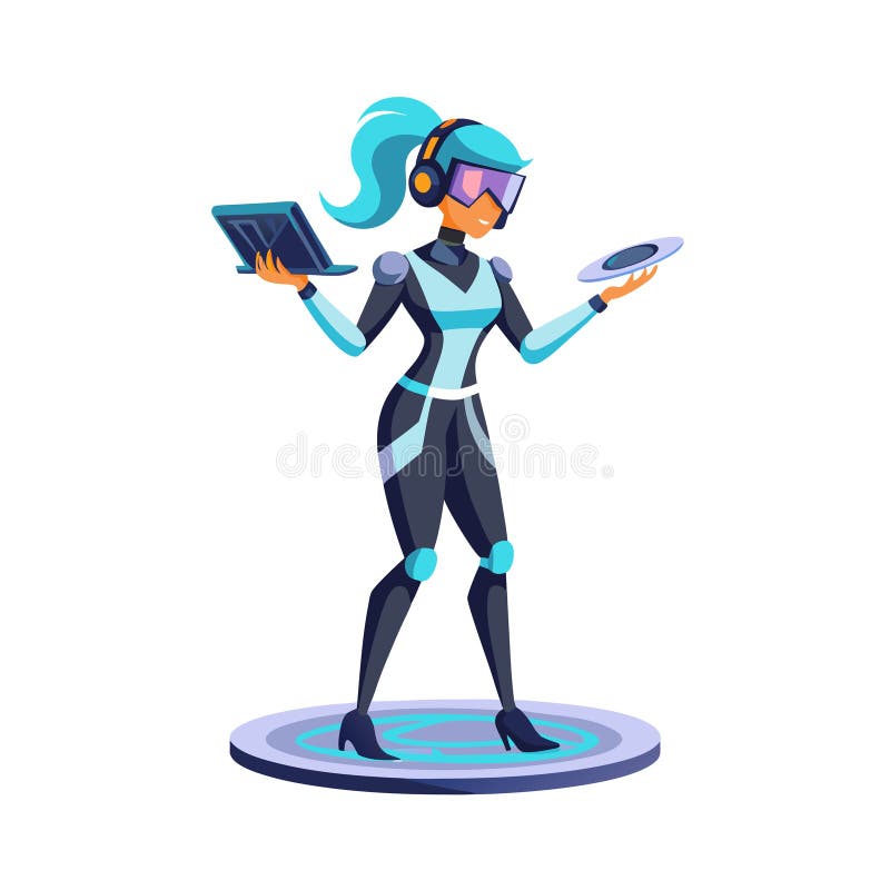 Futuristic Woman with VR Headset, Laptop, and Data Disc on Platform vector illustration