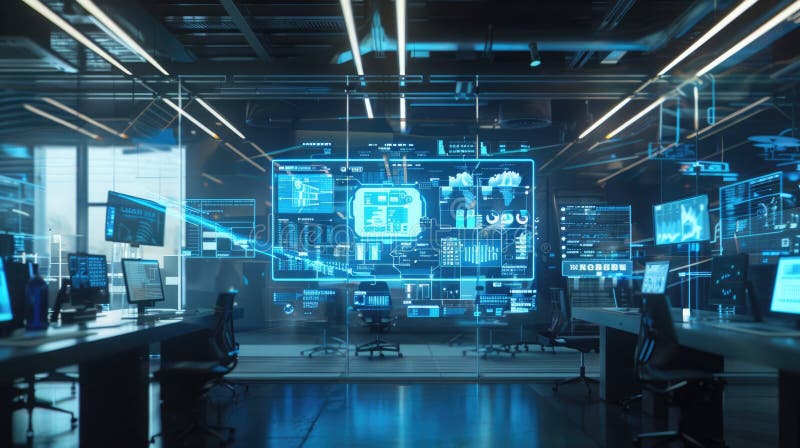 Futuristic workspace with AI insights on transparent screens surrounding tech professionals. AI insights royalty free stock photo
