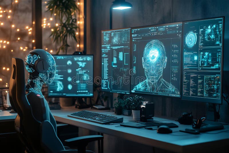 Futuristic workspace with an artificial intelligence figure analyzing data on multiple glowing monitors in a dim, tech royalty free stock photo