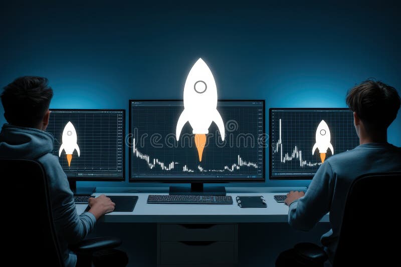 Futuristic Workspace with Blue Ambient Lighting and Technological Elements for Modern Offices royalty free stock image