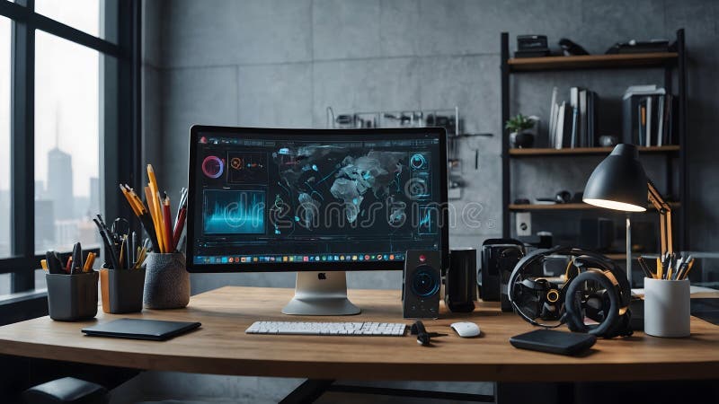 Futuristic Workspace with Curved Monitor, 3D Design, and Tech Gadgets royalty free stock images