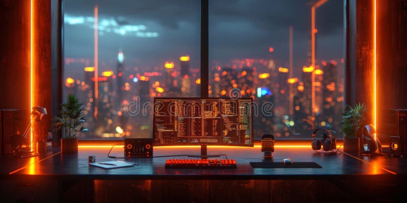 Futuristic workspace with a curved monitor displaying data and code, illuminated by vibrant orange neon lights stock photo
