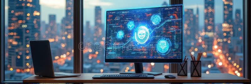 Futuristic workspace with cyber security theme on desktop monitor overlooking cityscape stock image