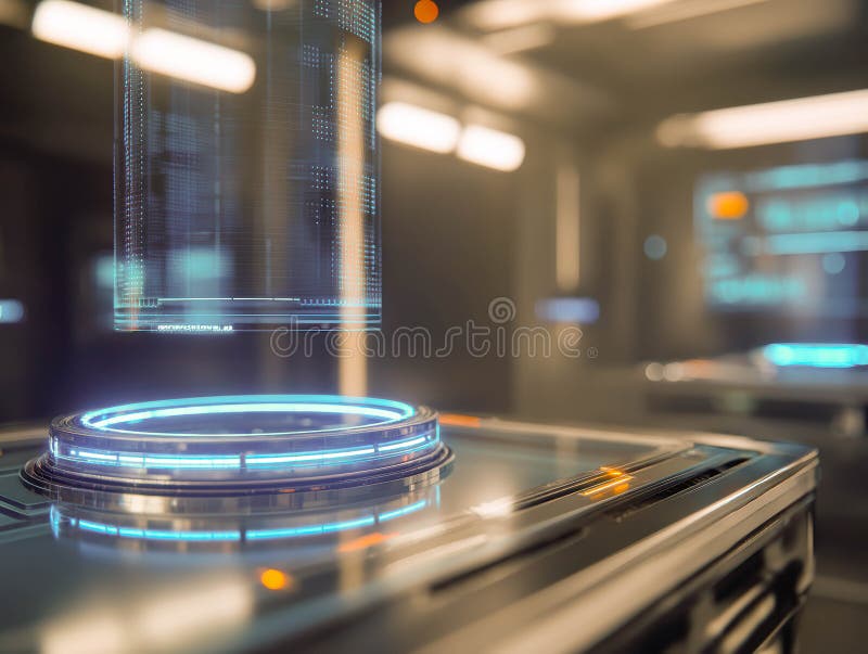 Futuristic workspace features holographic interface and glowing data projections in dark environment royalty free stock photography