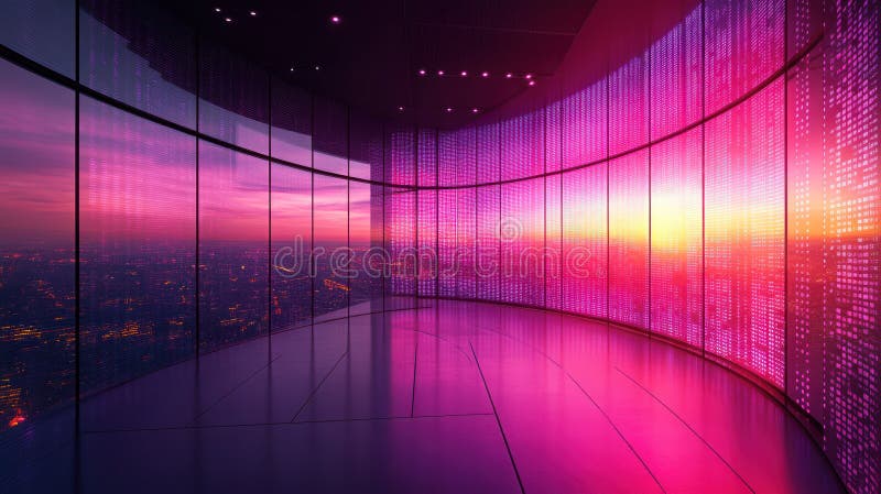 Futuristic workspace featuring advanced technology and holographic screens, illuminated by vibrant pink and purple royalty free stock image