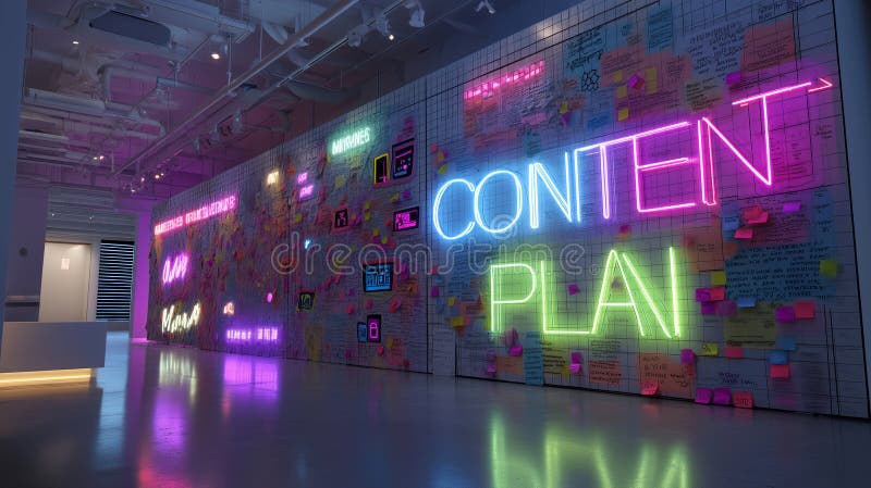Futuristic workspace filled with vibrant notes and creative energy royalty free stock image