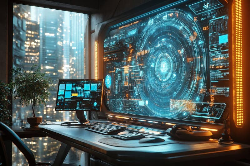 Futuristic workspace with glowing digital screens and a view of the urban skyline through large windows royalty free stock photos
