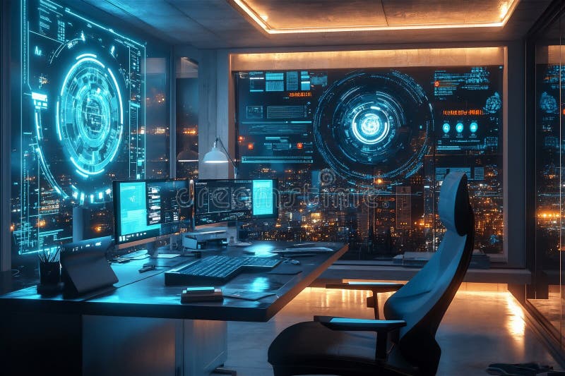A futuristic workspace with a glowing interface and a cityscape backdrop visible through large windows royalty free stock photo