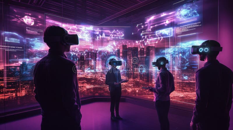 Futuristic Workspace with Holographic Displays and Virtual Reality Users royalty free stock images