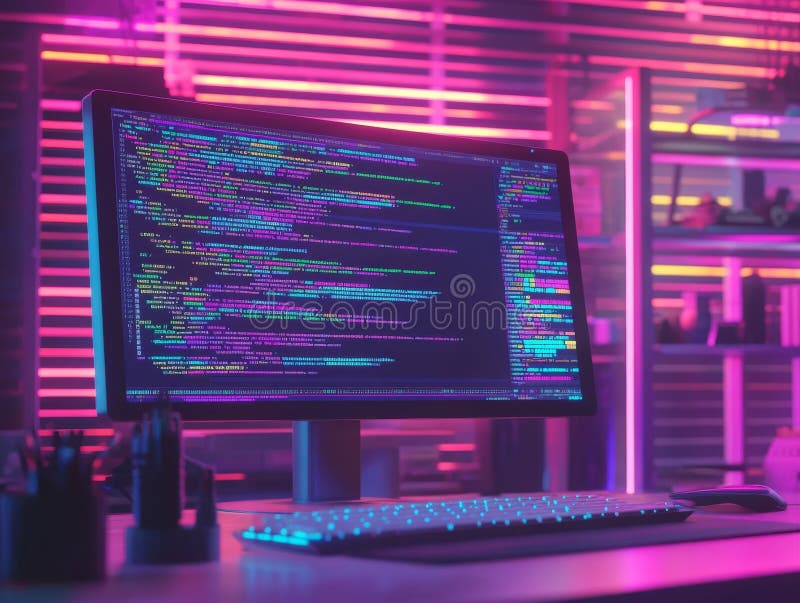 A futuristic workspace illuminated by neon lights, showcasing a high-tech computer setup with a vibrant code display royalty free stock photo