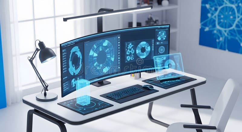 Futuristic Workspace: Immersive Technology and Data Visualization for Innovation Era stock image