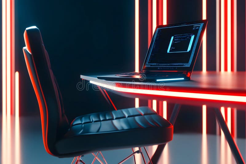Futuristic workspace with a laptop on a desk illuminated by neon red and blue lights stock image