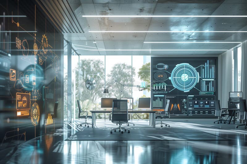 Futuristic workspace with large window nature view in modern office building. stock photography