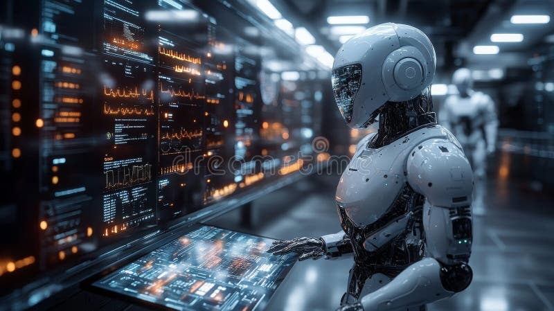 Futuristic workspace with multiple AIs interacting with advanced technology at a digital hub stock photo