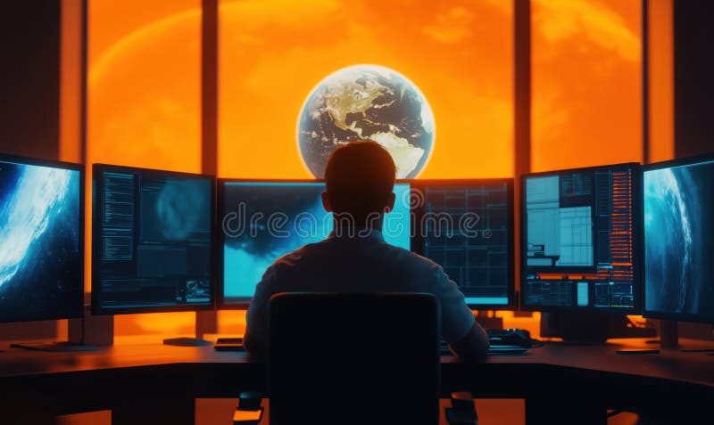 Futuristic workspace with multiple monitors displaying Earth and cosmic visuals stock photo