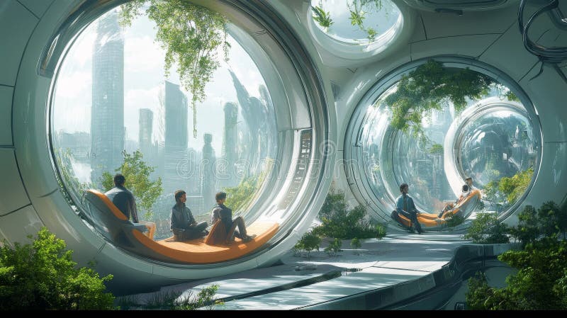 Futuristic workspace in a nature-infused city environment royalty free stock photos