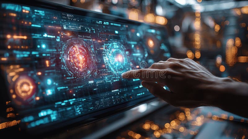 Futuristic workspace showcasing AI driven visuals and holographic interface, with hand interacting with digital elements royalty free stock image