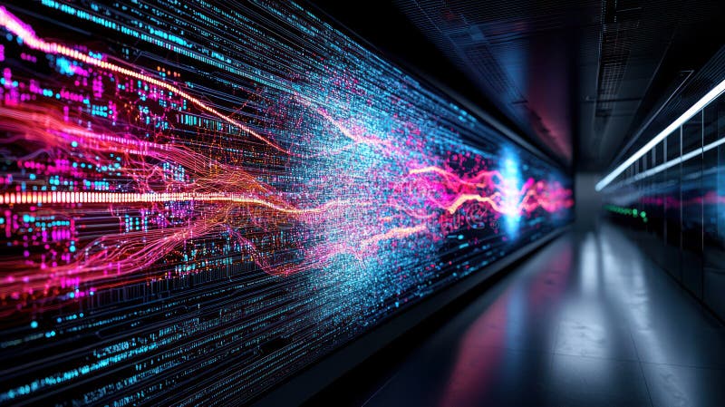 Futuristic workspace with vibrant digital wall display and sleek design stock photography