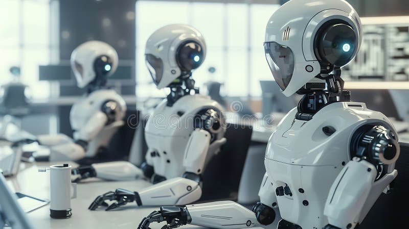 Futuristic Workspace Where Ai Robots And Human Employees Work Together Seamlessly, Showcasing Ai Innovation, Photographed With A stock photos