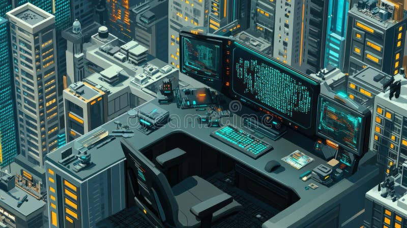 Cyberpunk City Desk stock illustration
