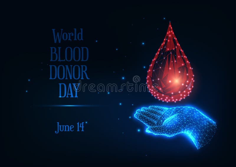 Futuristic world blood donor day banner with glowing low polygonal human hand holding blood drop stock illustration