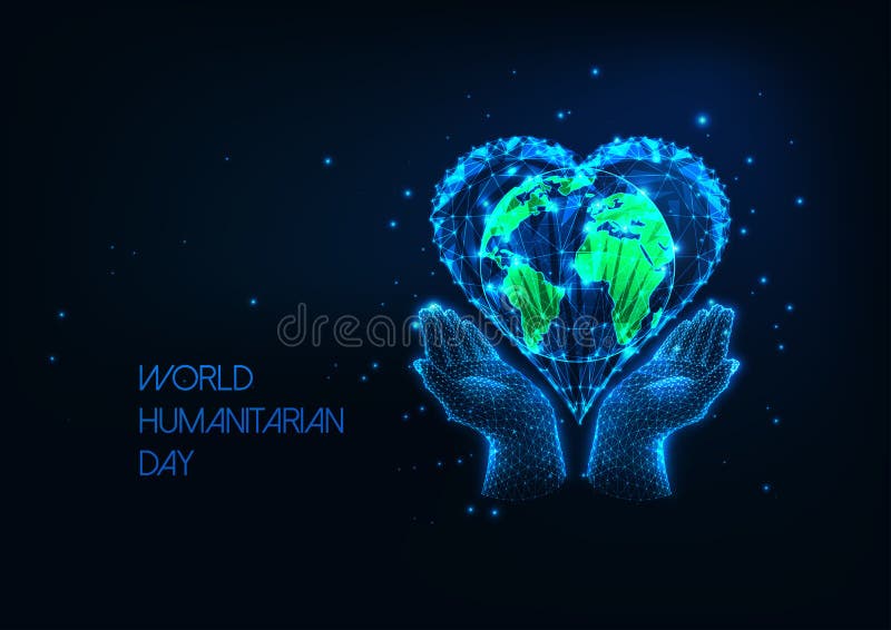 Futuristic World Humanitarian Day concept with glowing low polygonal hands holding planet earth inside heart shape royalty free illustration
