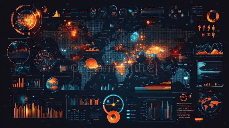 Futuristic world map with digital data overlays, charts, and graphs showing global network and information flow, artistic wallpaper background Generative AI