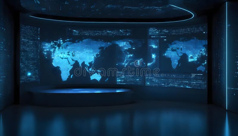 Futuristic World Map Display in a High-Tech Control Room stock illustration
