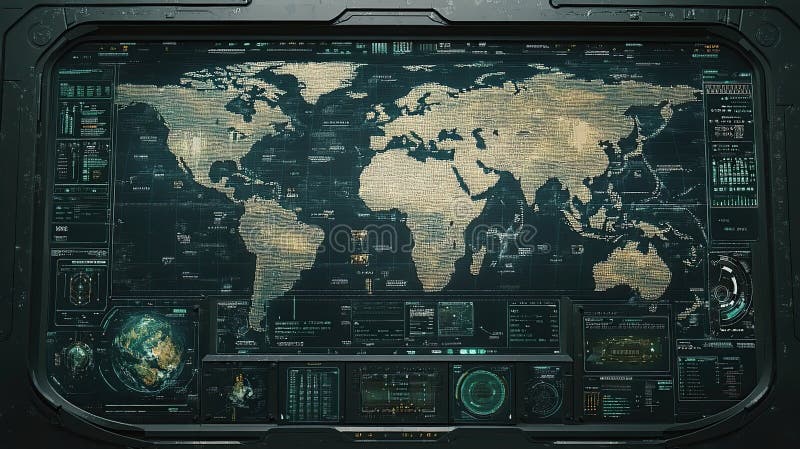 Futuristic world map interface with detailed overlays royalty free illustration