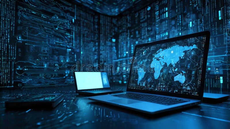 Futuristic World Map on Laptop, \' Cybersecurity and Technology Concept vector illustration