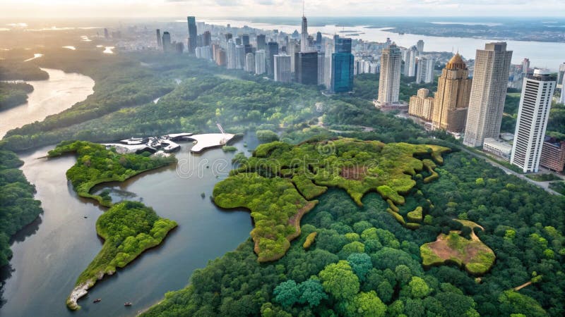Futuristic world map merging urban and natural landscapes stock illustration