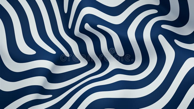 Futuristic Zebra Pattern In Dark Blue And White. large striped zebras on fabric, depicted with fluid and dynamic lines in a minimalist background. the dark blue color enhances the smooth and curved lines, creating a visually captivating image. rendered in cinema4d, the unmodulated color and irregular shapes add an artistic touch to the composition. ai generated