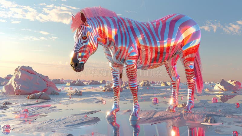 Futuristic zebra in a surreal landscape - generative ai stock illustration