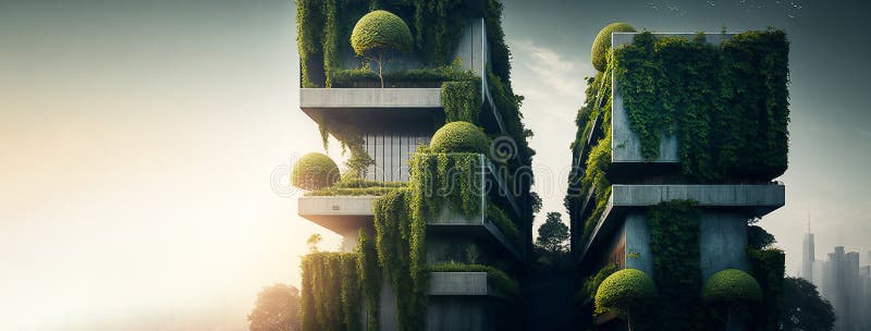 Futuristica architettura cittadina di edifici residenziali con piante verdi che crescono sulla facciata. giardino verticale. banne illustrazione di stock
