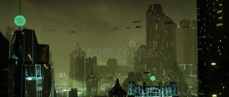 Futuristica città distopica con auto volanti e atmosfera verde scura illustrazione digitale 3d illustrazione vettoriale
